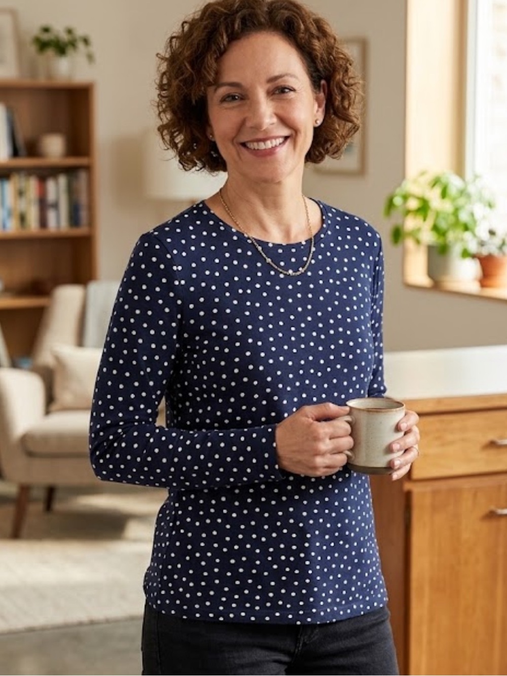 Talbots Polka Dot Crewneck Top Navy Blue White Stretch Petite MP
DD